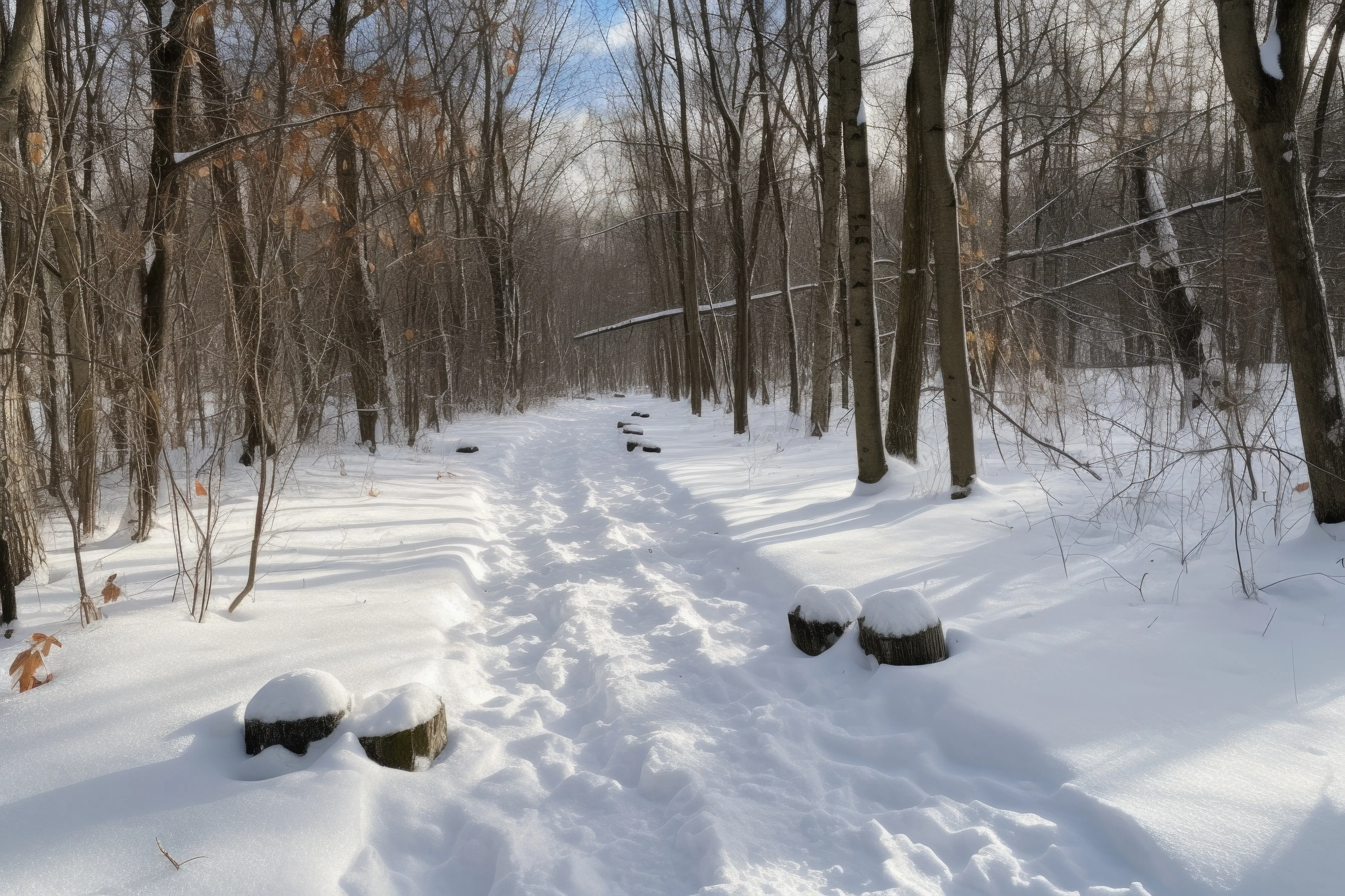 A snow-covered trail with visible markers for safe, easy travel, created with generative AI.