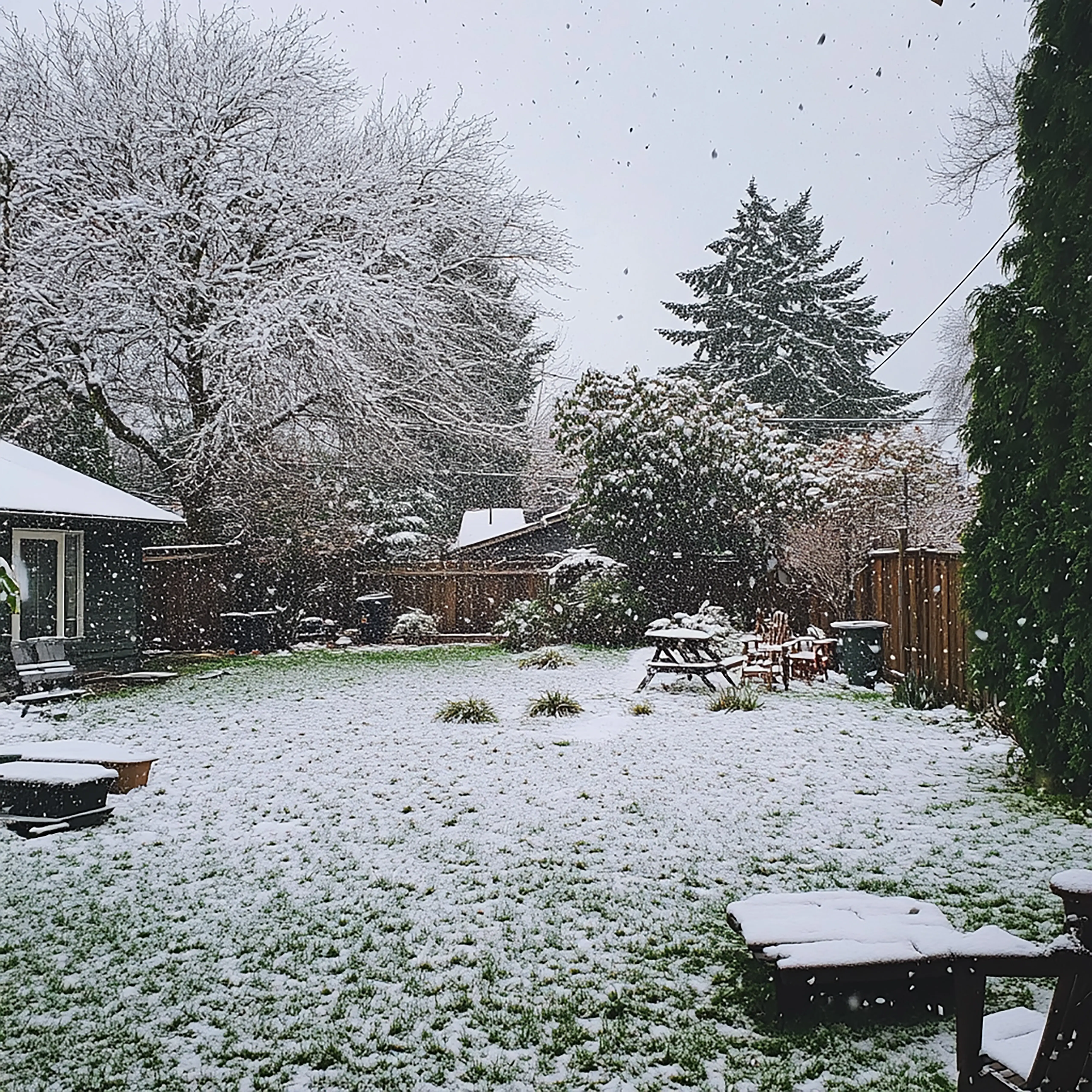 a yard blanketed in snow, with a fence and picnic tables