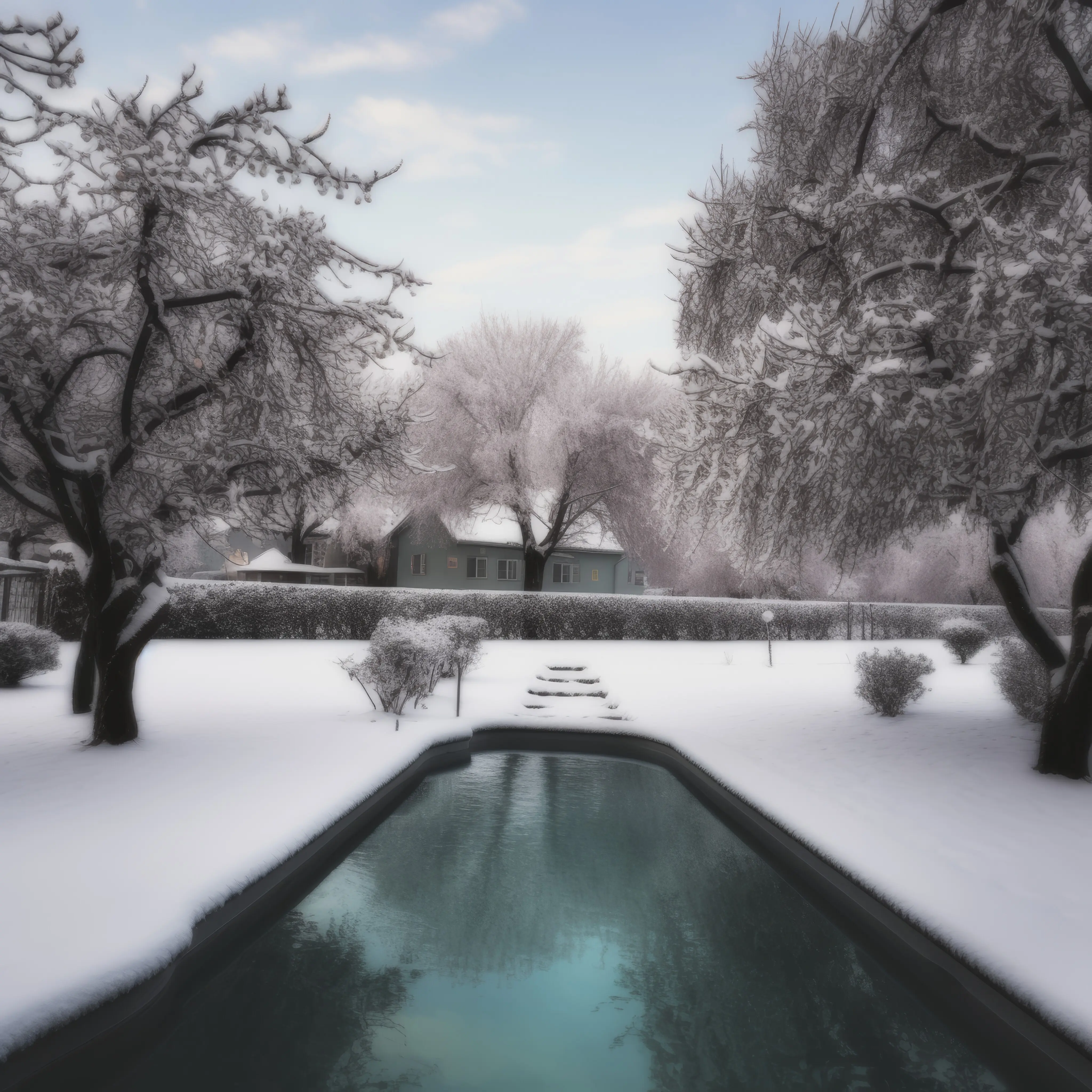 A backyard pond with a house behind it